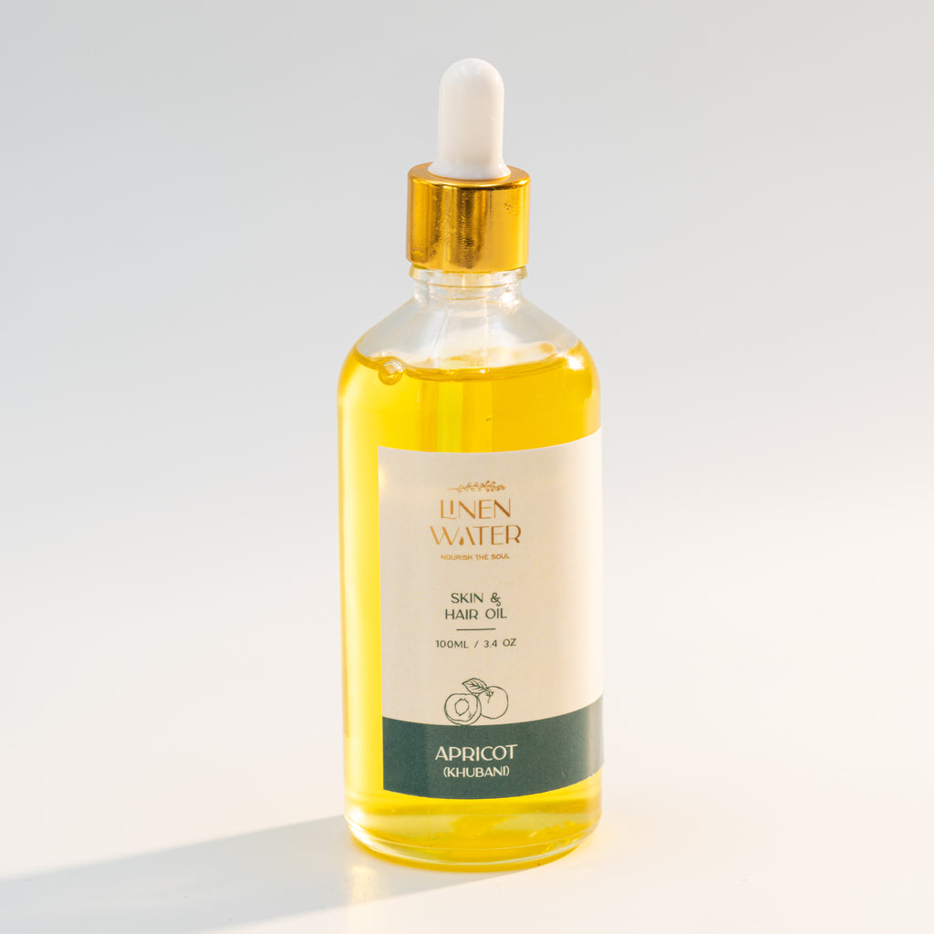Deeply nourishing, Linen Water Apricot (Khubani) Skin & Hair Oil restores hydration, softness, and brightness.  India's best apricot oil for glowing skin and smooth hair.