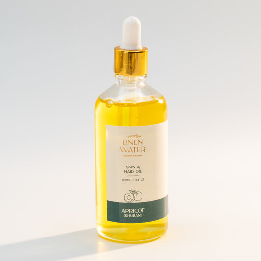 Deeply nourishing, Linen Water Apricot (Khubani) Skin & Hair Oil restores hydration, softness, and brightness.  India's best apricot oil for glowing skin and smooth hair.