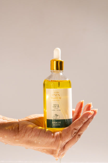 Linen's Natural Apricot Oil  Water strengthens hair roots, improves shine, and nourishes dry skin.  Pure Khubani oil promotes healthy growth, smooth skin, and an attractive look.