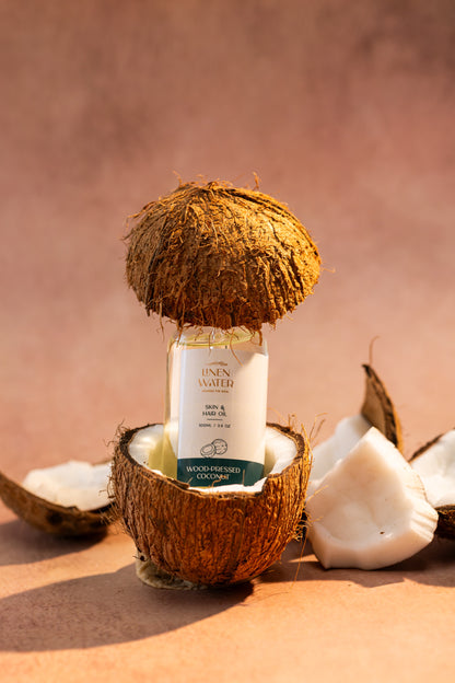 Linen Water's Wood-Pressed Coconut Skin & Hair Oil offers pure care.  It keeps your skin and hair looking healthy by repairing, hydrating, and recovering the natural balance.