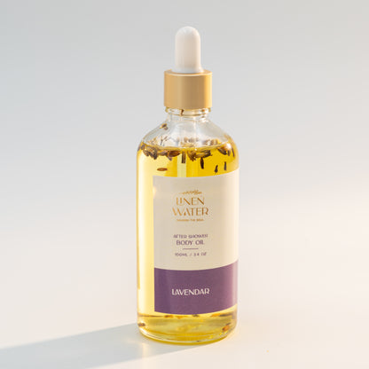 Dry skin is deeply hydrated by Linen Water Lavender Body Oil after each shower, leaving it feeling soft, smooth, and refreshed.  This fragrant body oil, which is infused with natural lavender extracts, helps to nourish and calm the skin, resulting in a feeling of calmness, hydration, and brightness all day long.
