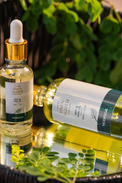 With regular use, this natural plant-based Linen Water pure Moringa Skin & Hair Oil improves roots, improves skin texture, and promotes a natural glow.