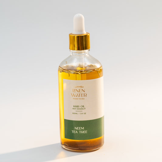 Dandruff decreases, stronger, healthier hair growth is promoted, and the scalp is thoroughly cleansed with Linen Water Neem Tea Tree Hair Oil when used regularly.  With neem and tea tree extracts, this natural antibacterial hair oil helps to strengthen roots, reduce irritation, and keep the scalp balanced and clean.