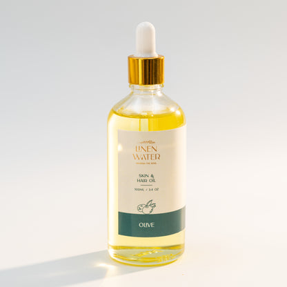 Linen Water Olive Skin & Hair Oil improves hair from root to tip and provides deep nourishment to make skin soft and glowing.  Rich in pure olive extracts, it adds shine, recovers moisture, and supports overall wellness.