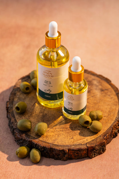 Linen Water's Olive Skin & Hair Oil is a natural blend that uses antioxidant-rich olive oil to hydrate dry skin, repair damaged hair, and improve its natural glow.  Ideal for smooth texture and daily nourishment.