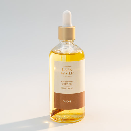 The skin is left feeling soft, glowing, and moisturized with a rich natural oudh scent after being deeply nourished and hydrated by Linen Water Oudh Body Oil.  This all-natural body oil with oudh extract gives you a calming, fragrant skincare experience every day while restoring the softness and glow of your skin.