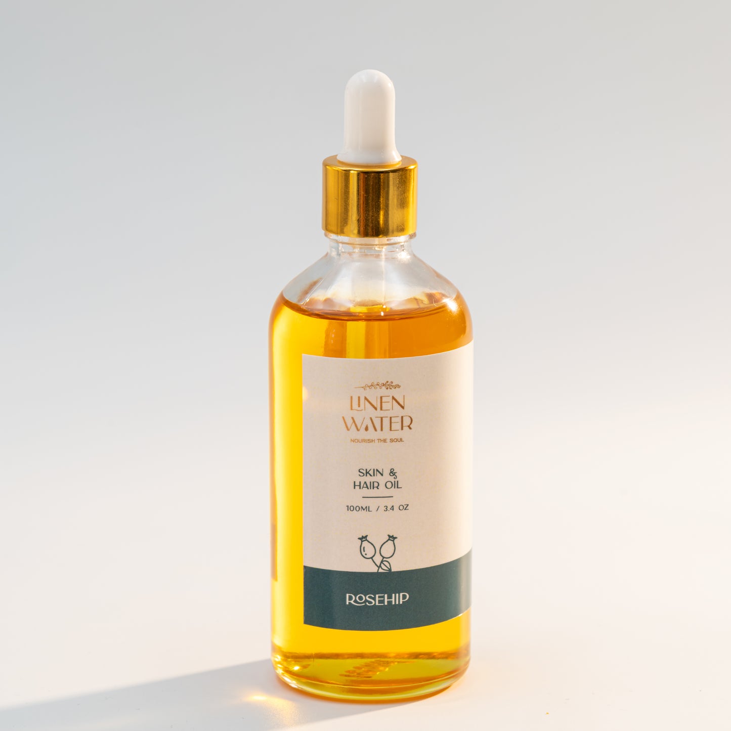 Linen Water Rosehip Oil for Skin and Hair, which comes in a stylish glass dropper bottle and is packed with vitamins and antioxidants, leaves skin and hair feeling nourished, soft, and radiant.  With every use, this all-natural rosehip oil for skin and hair helps restore moisture, enhance texture, and encourage a glowing, fresh-looking look.