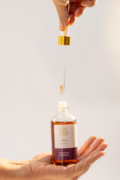 Beautifully applying Linen Water Moringa and Rosemary Hair Oil highlights its natural nourishment, strengthens hair roots, and promotes growth and shine.  This herbal hair oil uses the power of moringa and rosemary extracts to support hair that is smooth, healthy, and renewed.