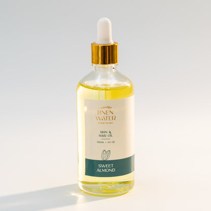 Linen Water Sweet Almond Oil for Skin and Hair is a deeply nourishing blend that hydrates dry skin, strengthens hair roots, and brings back a healthy, natural glow because of to the richness of pure almond extracts.  This vitamin E-rich almond oil is ideal for daily natural skincare and haircare routines because it promotes smooth, glowing skin and shiny, manageable hair.