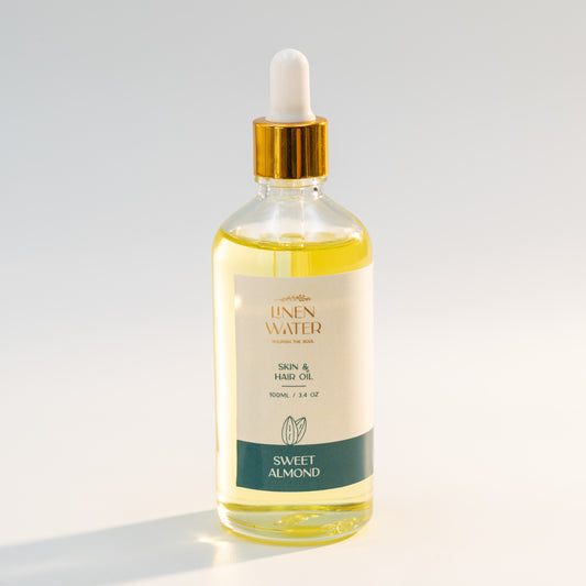 Linen Water Sweet Almond Oil for Skin and Hair is a deeply nourishing blend that hydrates dry skin, strengthens hair roots, and brings back a healthy, natural glow because of to the richness of pure almond extracts.  This vitamin E-rich almond oil is ideal for daily natural skincare and haircare routines because it promotes smooth, glowing skin and shiny, manageable hair.