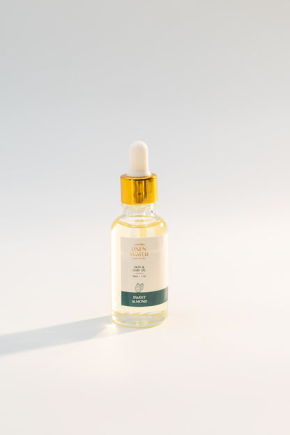 Linen Water's Nourishing Sweet Almond Oil, enhanced with vitamins that promote natural hydration and repair, is ideal for smooth, glowing skin and hair.