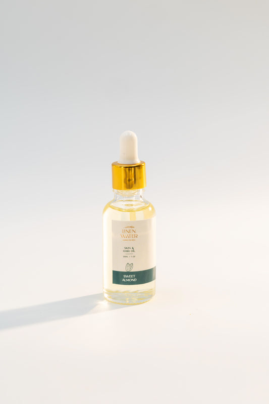 Linen Water's Nourishing Sweet Almond Oil, enhanced with vitamins that promote natural hydration and repair, is ideal for smooth, glowing skin and hair.